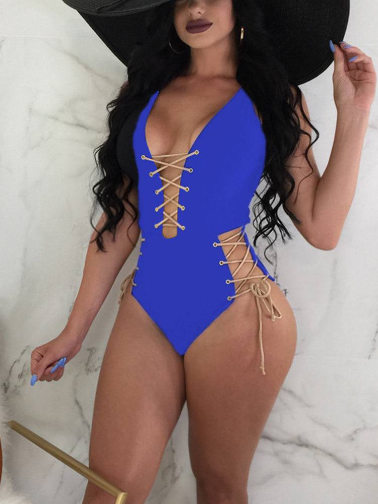 Halter Lace Up One Piece Swimsuit