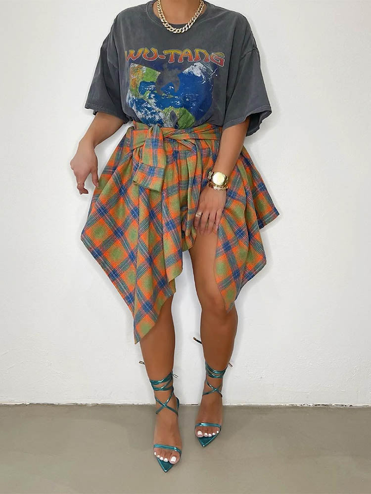 Asymmetric Plaid Midi Skirt