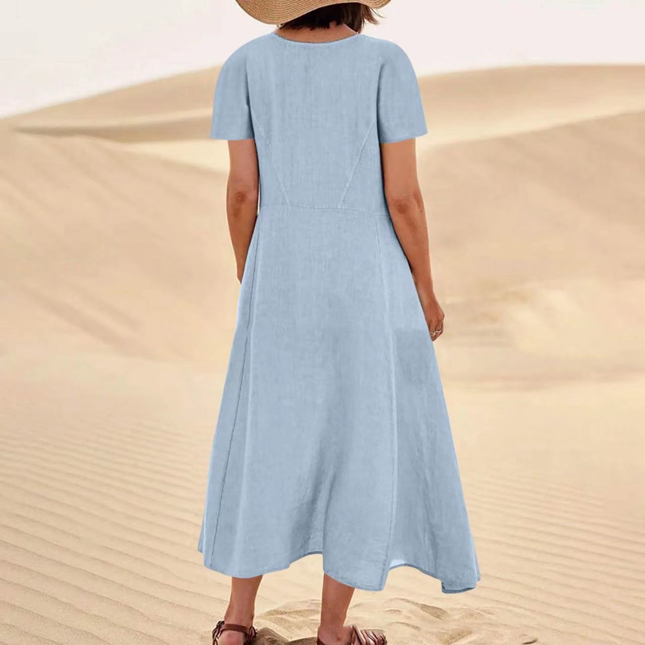 Solid Color Cotton Linen Loose Casual Pocket Dress