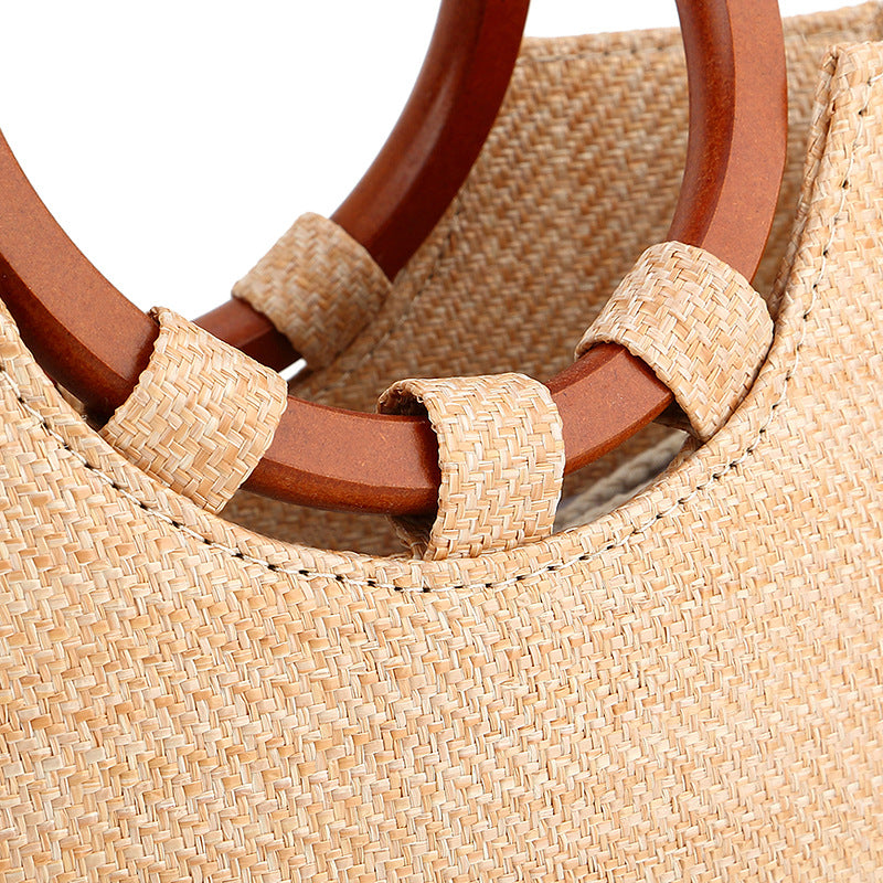 Women's Wooden Handle Handbag Straw Shoulder Bag for Women