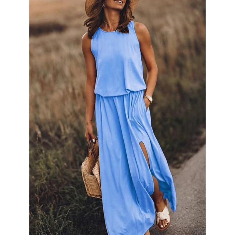 Summer New round Neck Sleeveless Split Dress