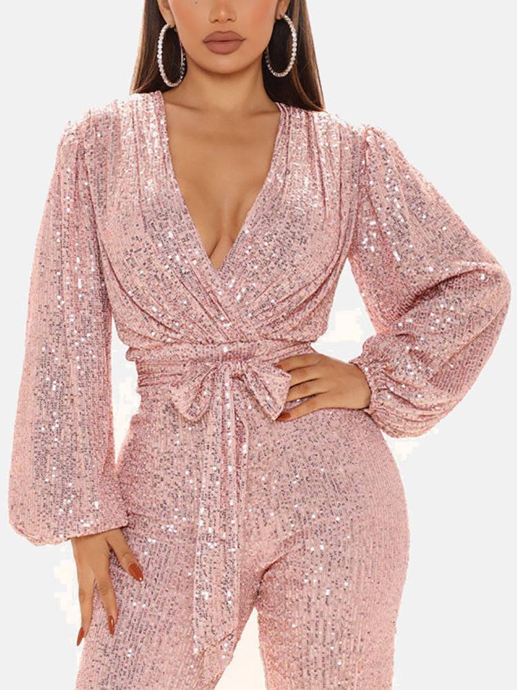 Women's Sequin Long Sleeve V Neck Jumpsuit