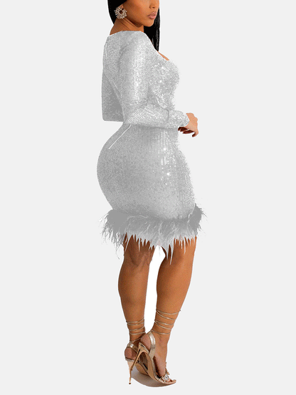 Women's Sequin Feather Patchwork Mini Dress