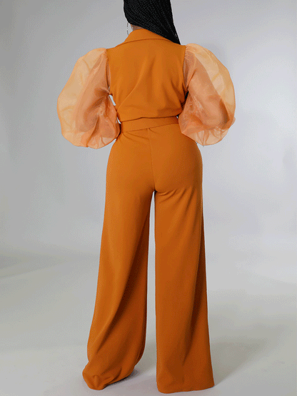 Women's V Neck Mesh Sleeve Belted Jumpsuit