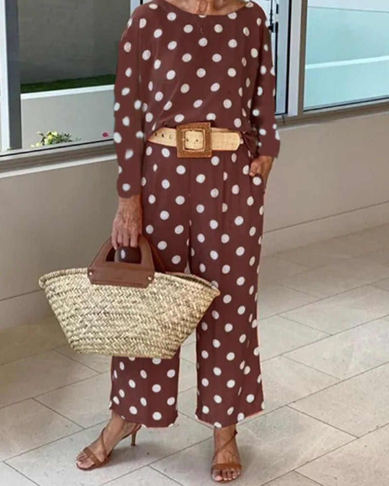 Polka dot long sleeve top wide leg pants set