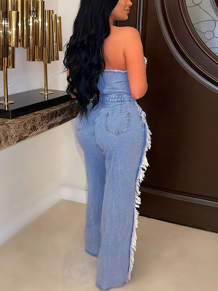 Ripped Strapless Denim Jumpsuit