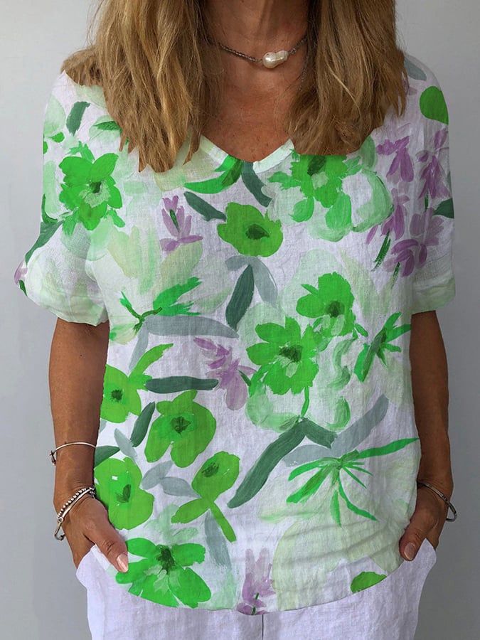 Women's Retro Floral Casual V-Neck Cotton And Linen Top