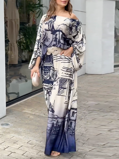 Printed Loose Puff Sleeves Off-the-shoulder Two-Piece Sets Pants Blouses