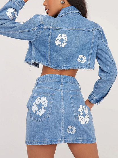 Floral Print Denim Jacket & Skirt Set