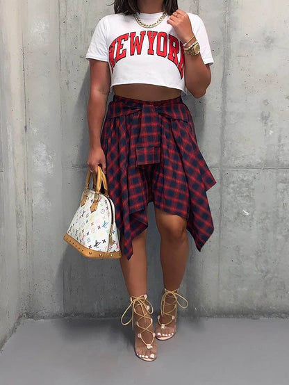 Asymmetric Plaid Midi Skirt