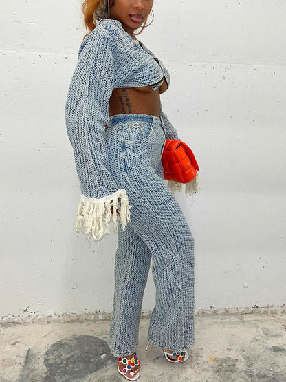 Fringe Denim Three Piece Set