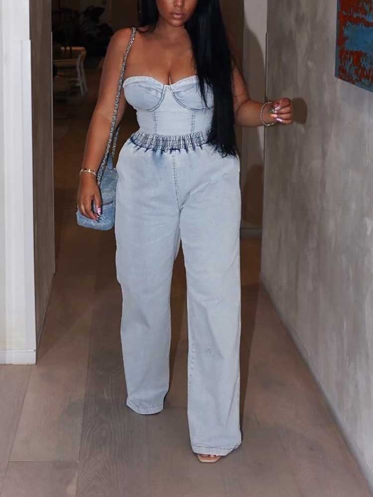 Denim Tube Top Wide Leg Pants Set