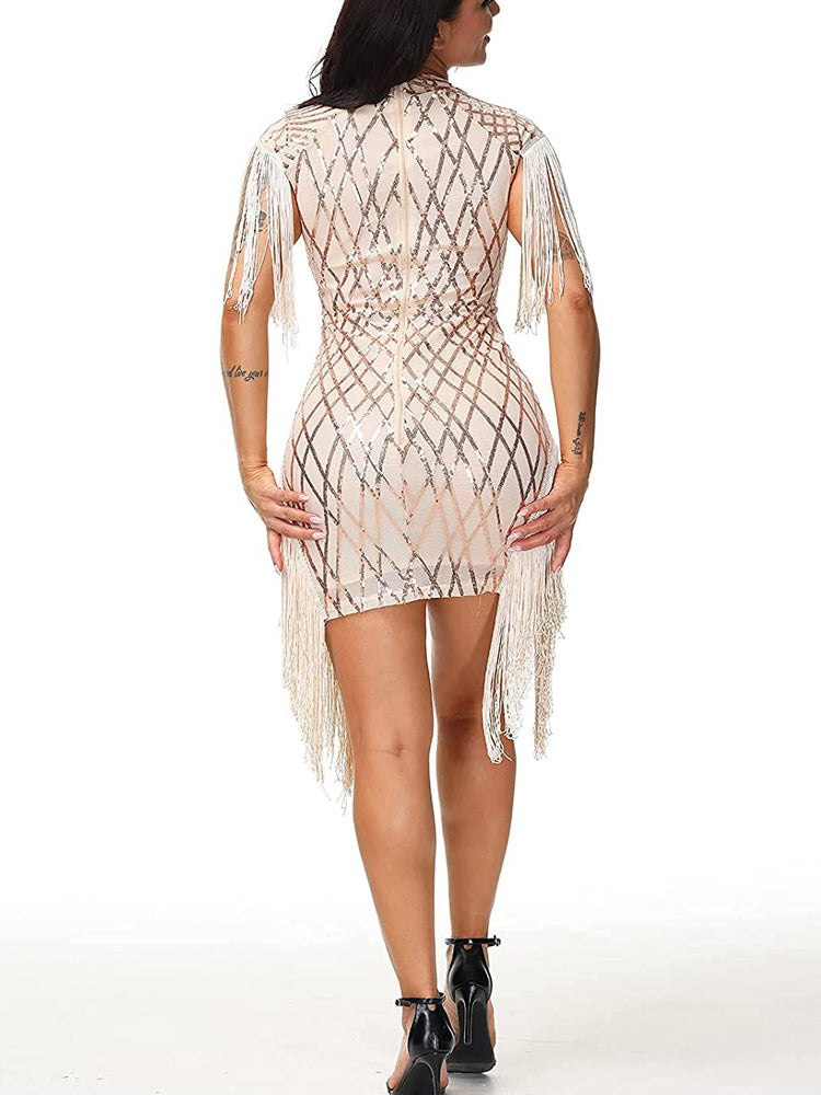 Women's Sequins Tassels Mesh Patchwork Dress