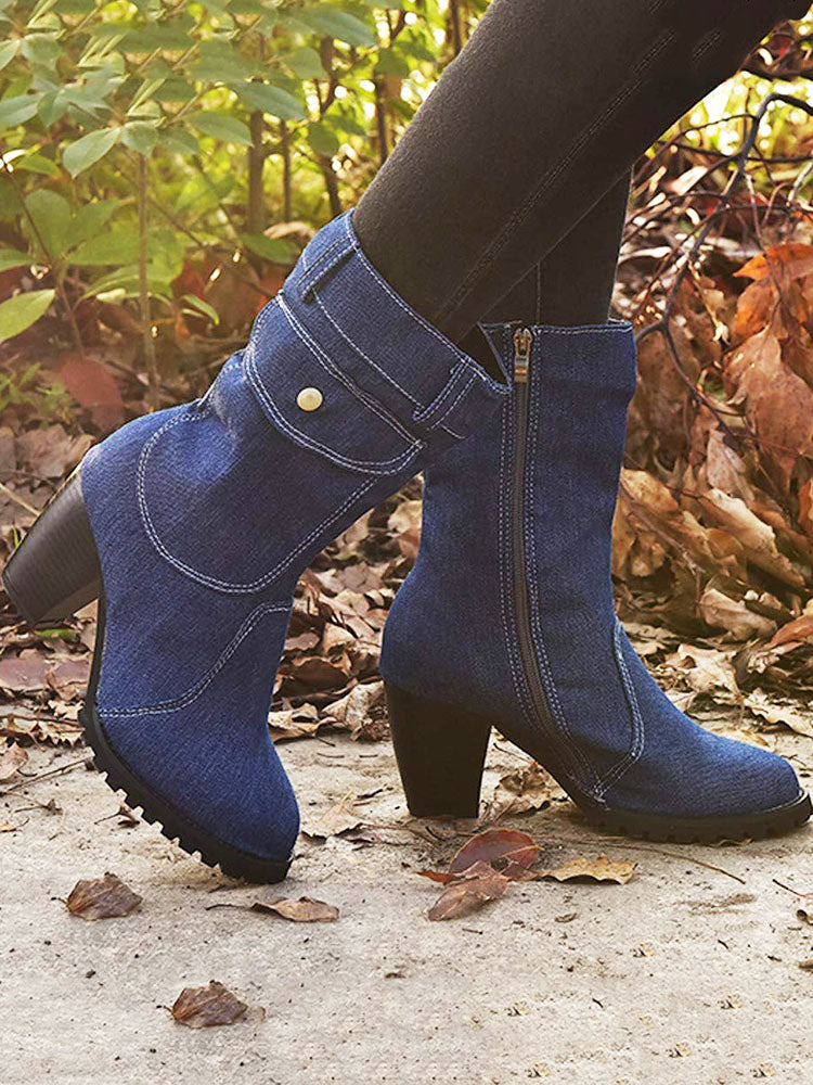 Denim Chunky Heel Boots