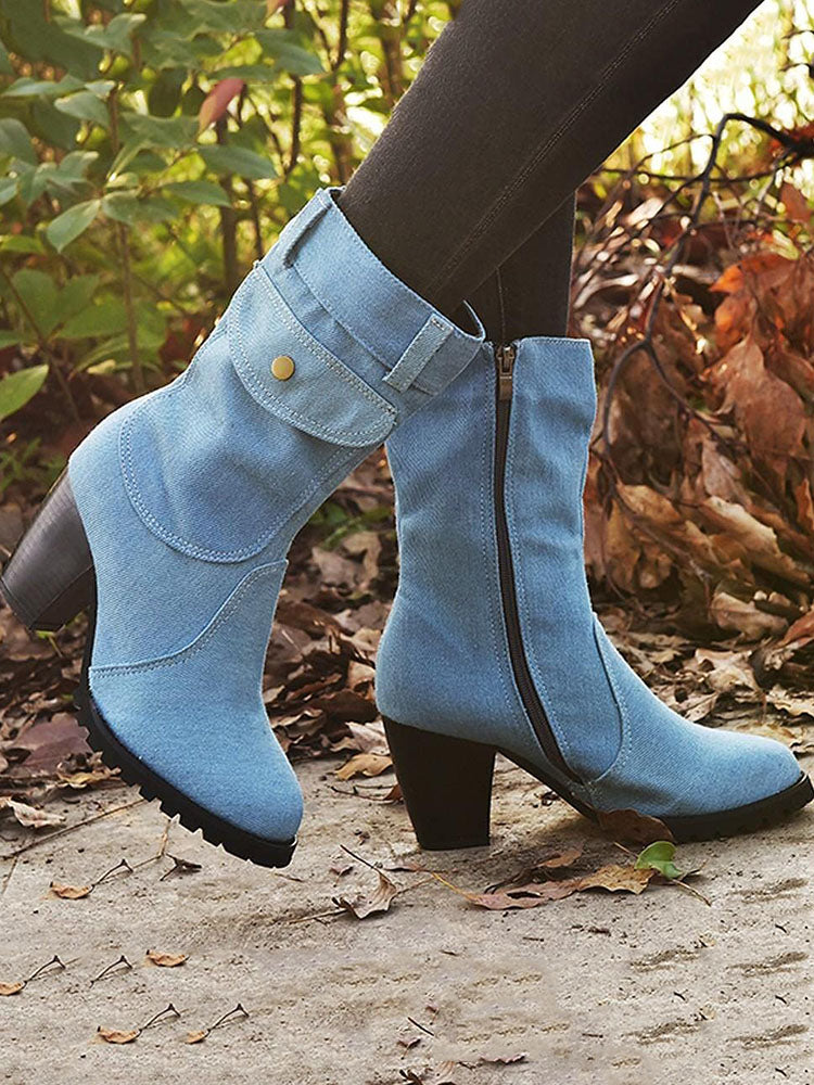 Denim Chunky Heel Boots