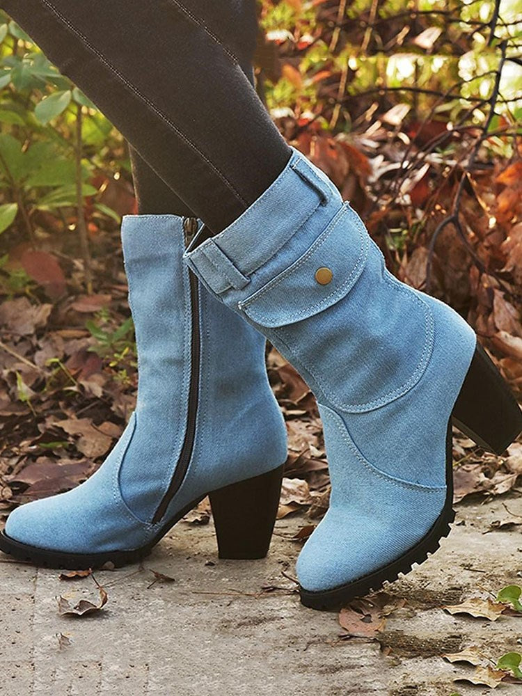 Denim Chunky Heel Boots