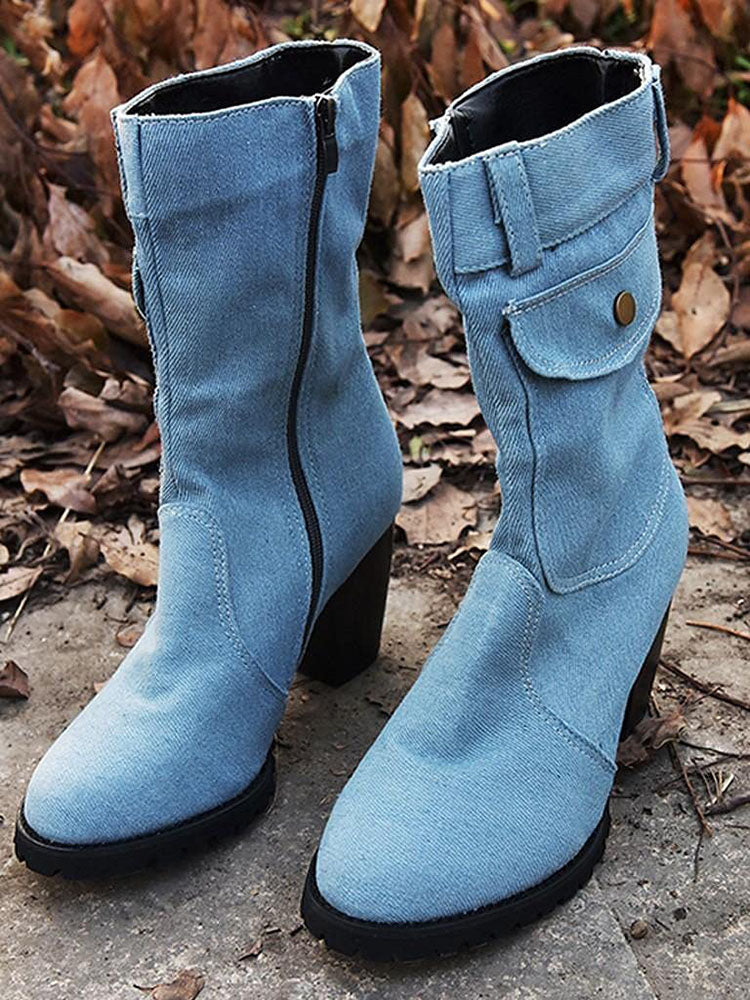 Denim Chunky Heel Boots