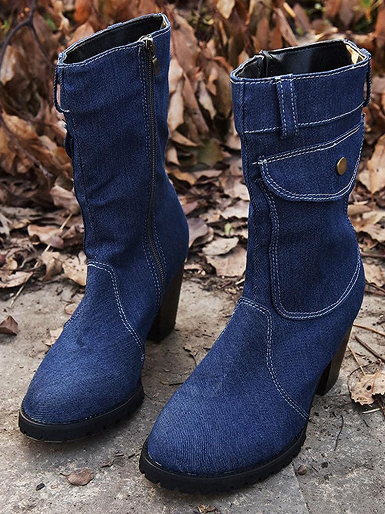 Denim Chunky Heel Boots