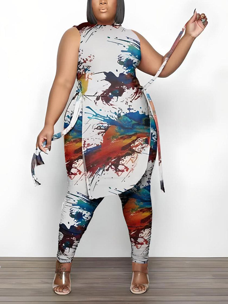 Printed Sleeveless Top Jogger Set