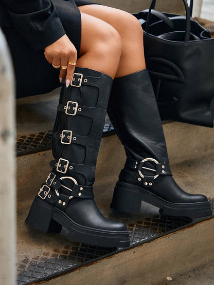 Buckle Leather Chunky Heel Boots