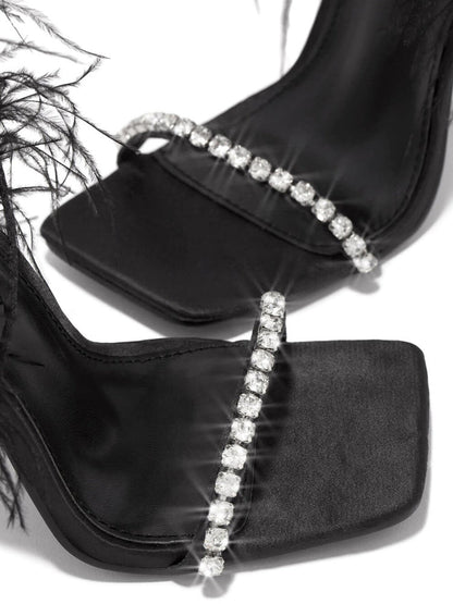 Rhinestone Feather Square Toe Sandals