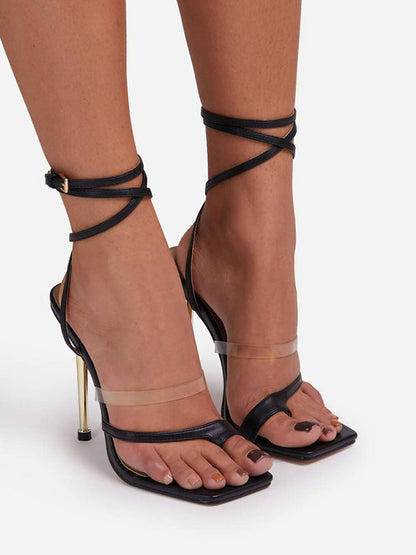 Square Toe Ankle Strap Metallic Heels