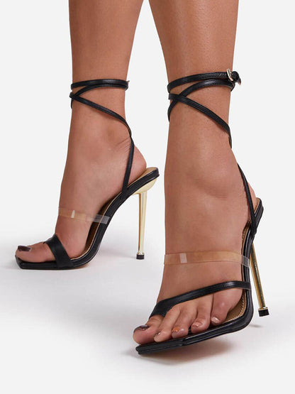 Square Toe Ankle Strap Metallic Heels
