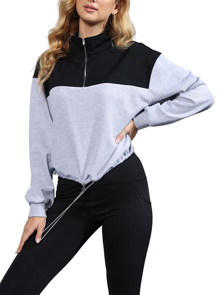 Half Zip Colorblock Crop Sweatshirt