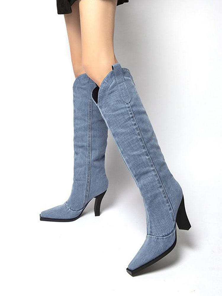 Denim Pointed-Toe Cowboy Boots