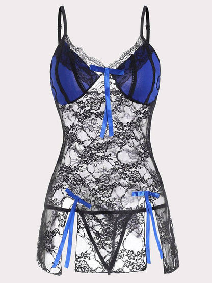 Bowknots Slit Lace Chemise Set