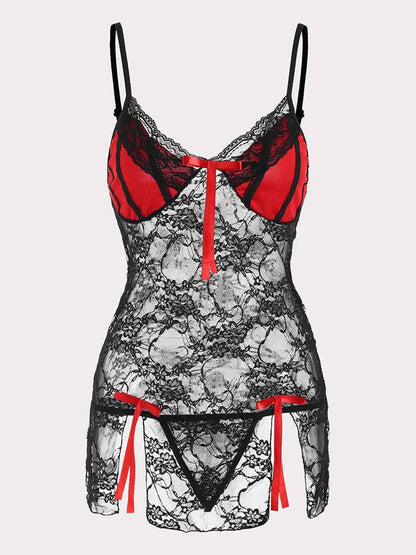 Bowknots Slit Lace Chemise Set