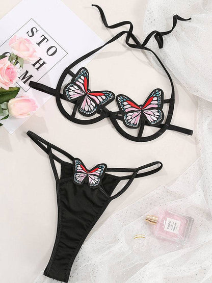 Butterfly Applique Underwire Harness Lingerie Set