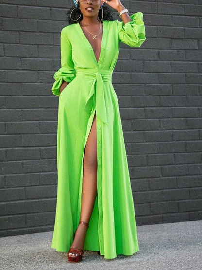 Button Down Slit V Neck Maxi Dress