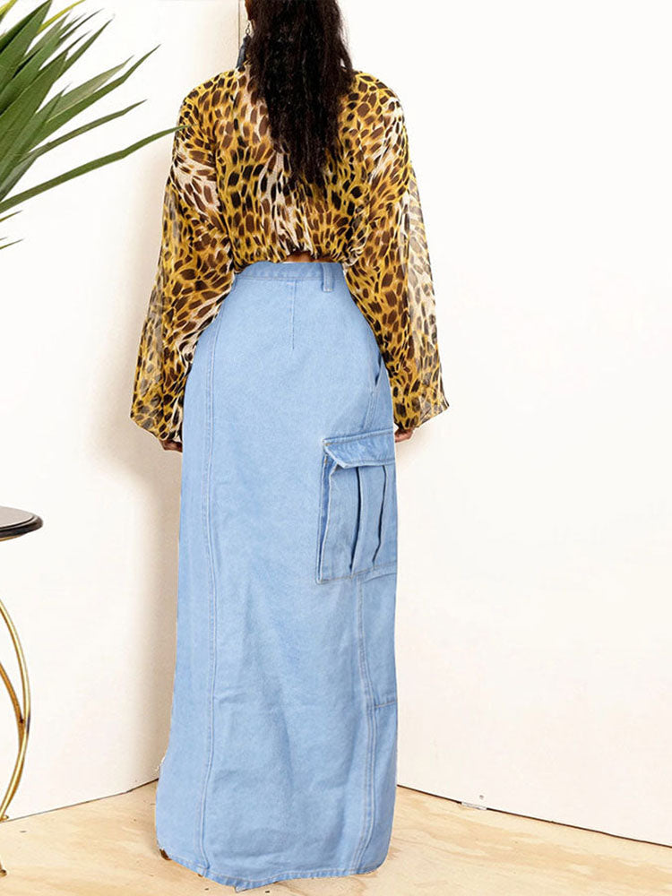 Denim Button High Split Skirt