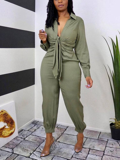 Casual Solid Turndown Collar Jumpsuit