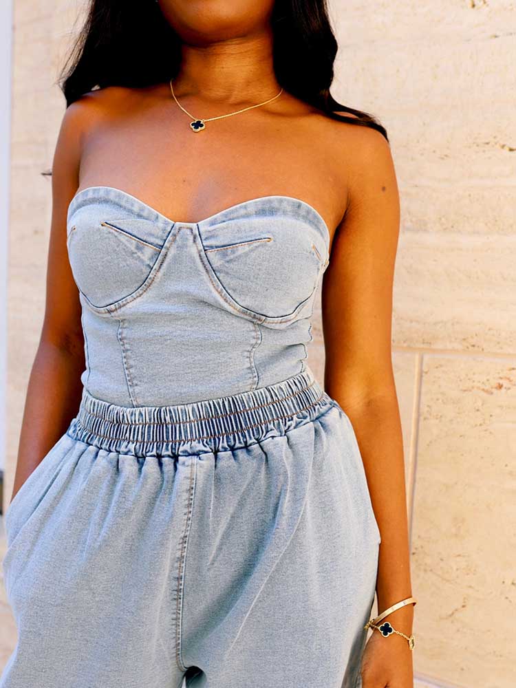 Denim Tube Top Wide Leg Pants Set