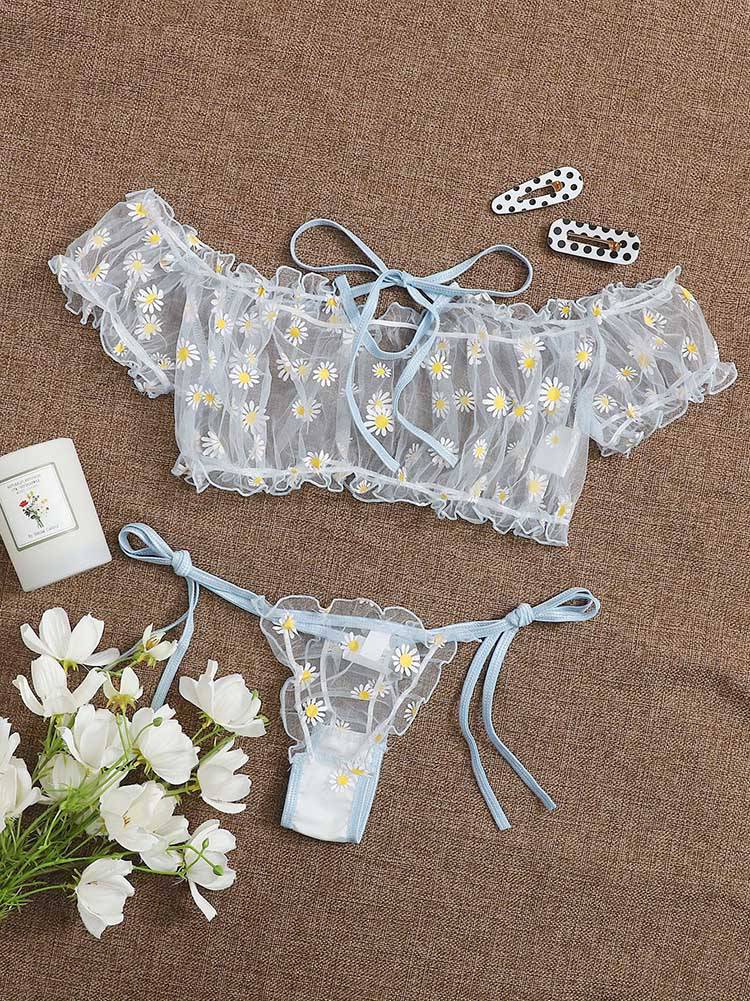 Daisy Floral Frill Trim Bardot Mesh Lingerie Set