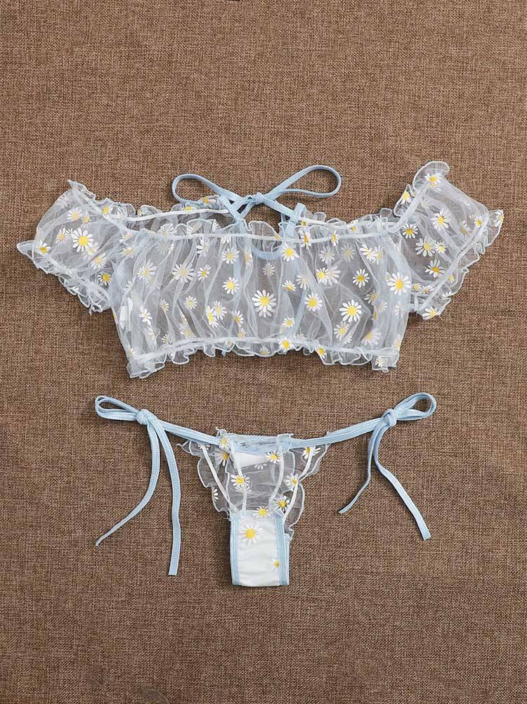 Daisy Floral Frill Trim Bardot Mesh Lingerie Set