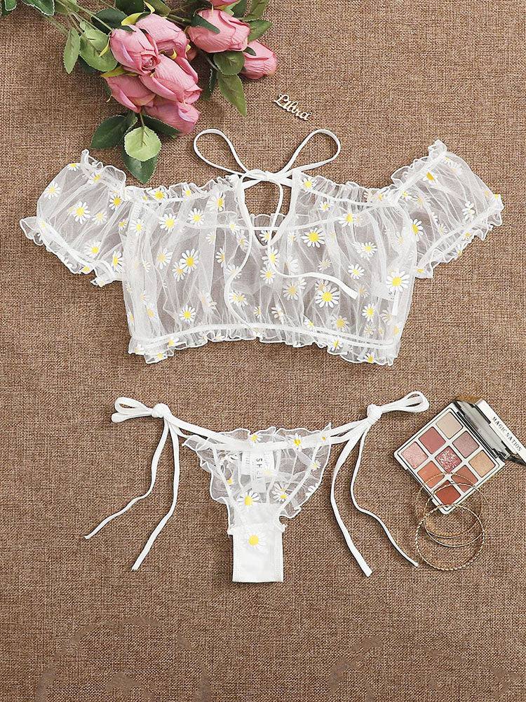 Daisy Floral Frill Trim Bardot Mesh Lingerie Set