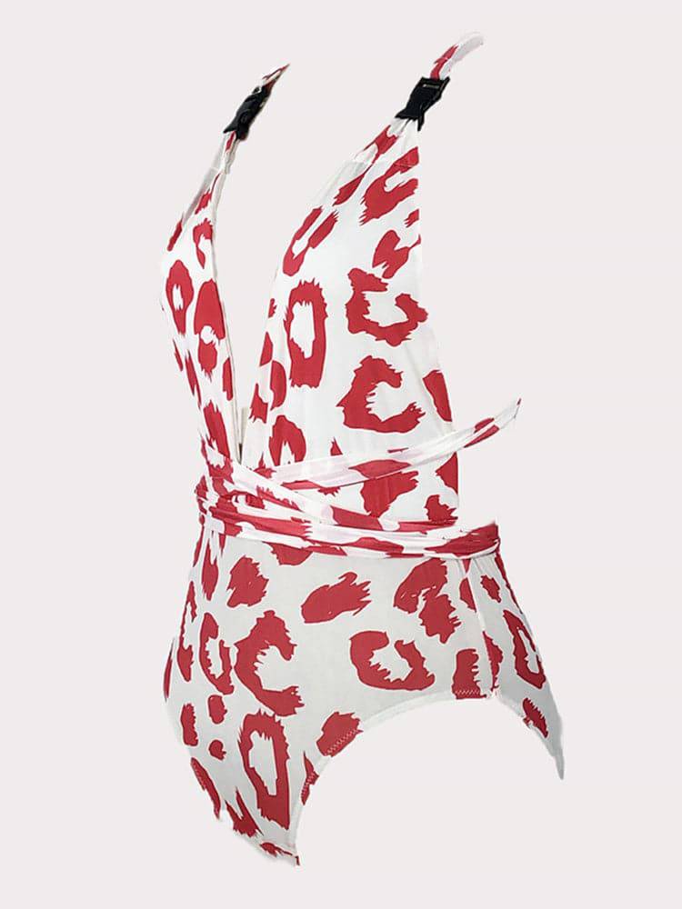 Deep V Printed One Piece Swimsuit