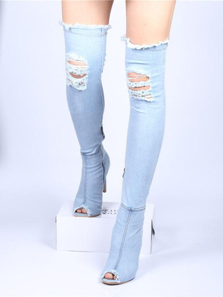 Peep Toe Over The Knee Denim Boots