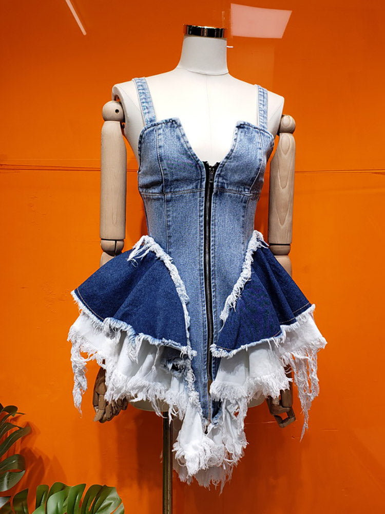 Zipper Washed Denim Top