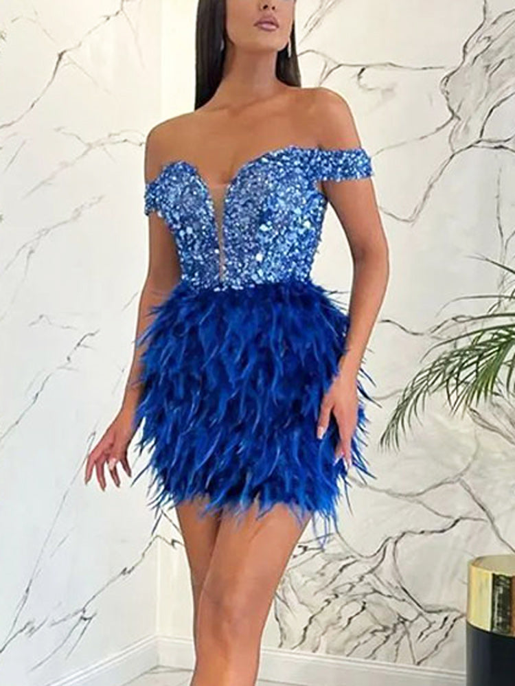 Women's Feather Sequin Off Shoulder Dress