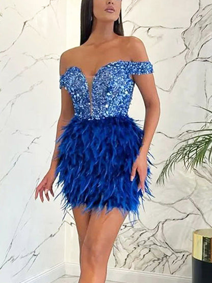 Women's Feather Sequin Off Shoulder Dress