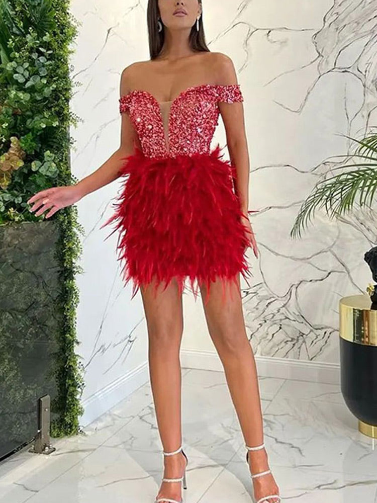 Women's Feather Sequin Off Shoulder Dress