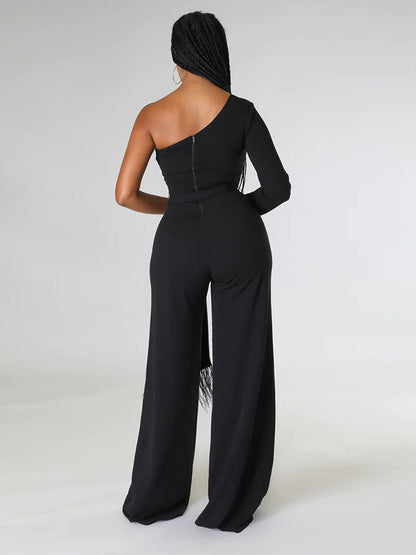 Women's One shoulder Feather Decor Jumpsuit