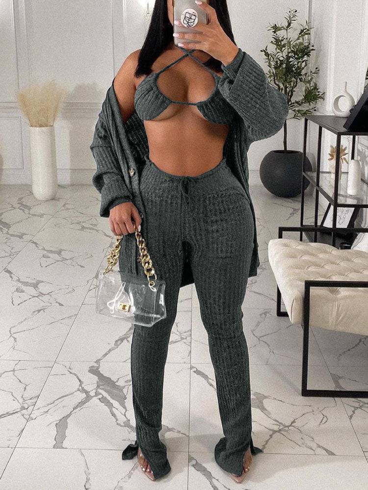 Cardigan Crop Tops & Pants 3 Piece Set