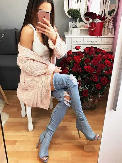 Peep Toe Over The Knee Denim Boots