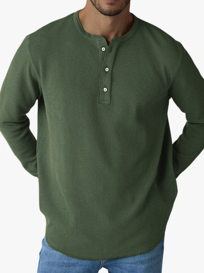 Men's Waffle Casual Button-Down Henley Top