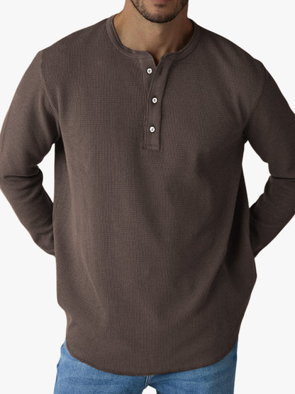 Men's Waffle Casual Button-Down Henley Top